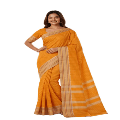 Yellow Checks Cotton Silk Saree