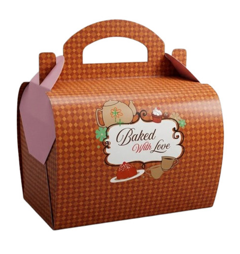 8x8x6 Inch Brown Printed Duplex Paper Handle Cake Box