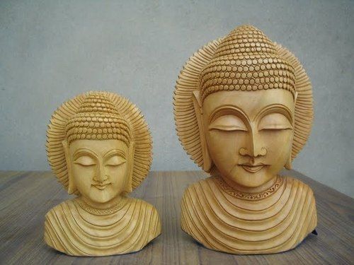 Hand Carved Wooden Gautama Buddha Bust - 12 Inches Tall, Serene Calm Face with Graceful Artwork and Elegant Detail