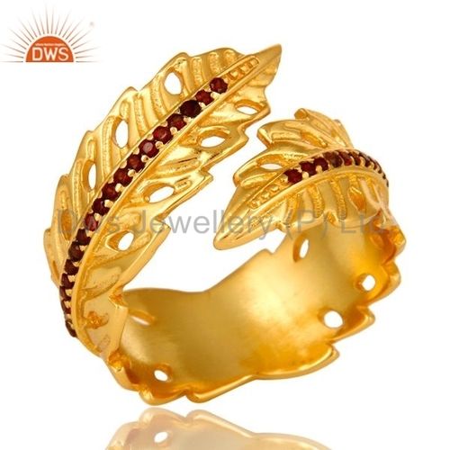 Gold Plated Brass Garnet Gemstone Leaf Design Ring