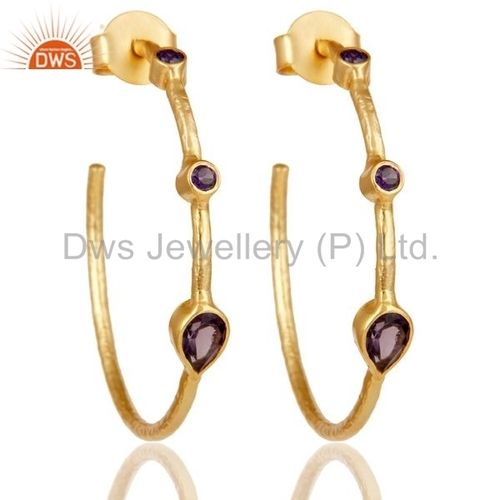 Gold Plated Over Sterling Silver Hydro Amethyst And Zircon Hoop Designer Earrings