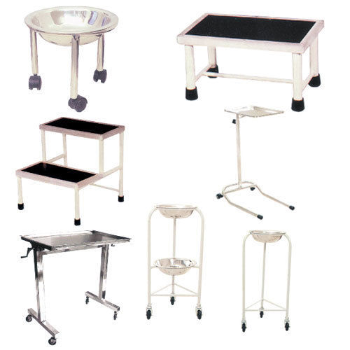 Hospital Equipment - Stainless Steel & Epoxy Coated, Includes Kick Bucket, Foot Step Single & Double, Basins on Stand, Mayo's Trolley