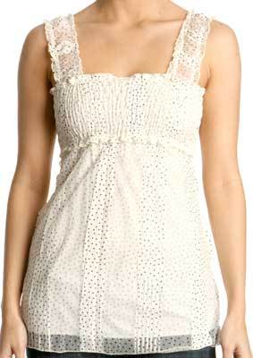 Ladies White Sleeveless Thigh Length Dot Printed Tops