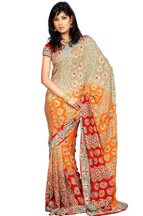 Shaded Fawn and Orange Colour Crepe Saree