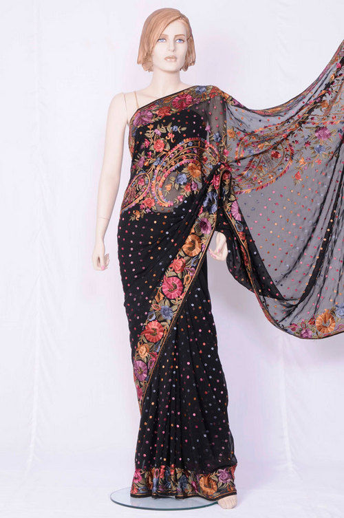 Printed Black Parsi Work Saree