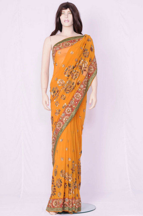 Golden Yellow Saree With Beautiful Embroidery Work