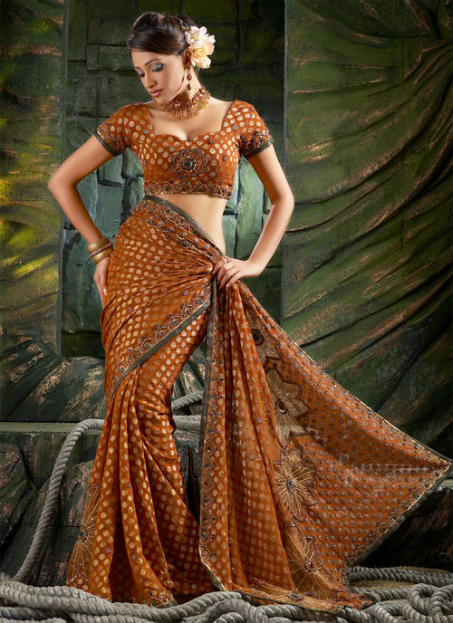 Orange Sequin Zardosi Resham Embroidered Saree