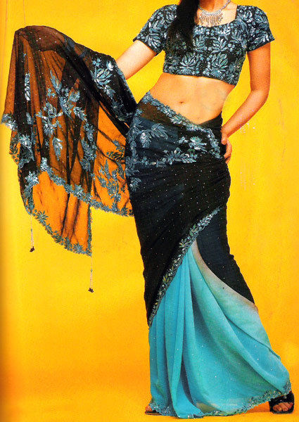 Aqua Blue-Black Saree