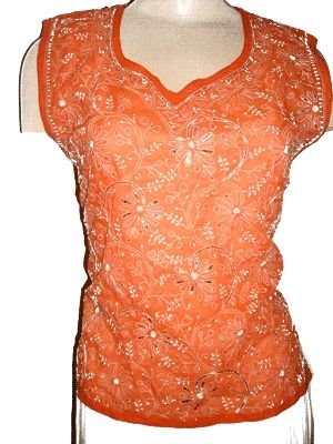 Womens Orange Chikan Top