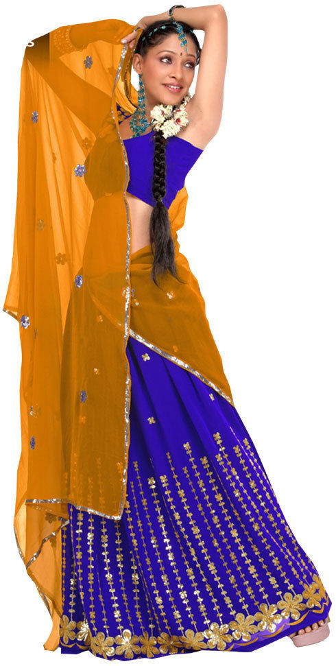 Image of Indian Girl dressed up in blue half saree portrait in Studio  Lighting-JX992513-Picxy