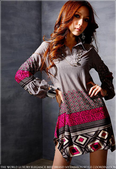 Vintage Fashion Deep Grey Printed Long Sleeve Dresses