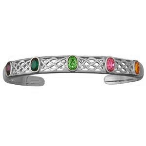 Platinum Plated Mother's Oval Birthstone Celtic Knot Bangle Bracelet