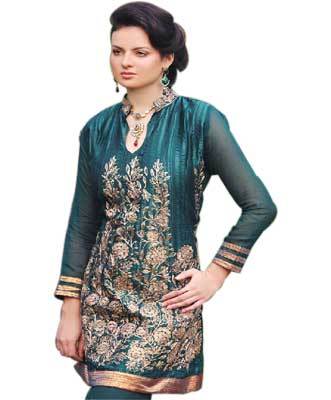 Embroidered Kurtis - High-Quality Fabric, Camel Brown Yoke Patches | Floral Patterns with Sequins, Versatile for All Occasions