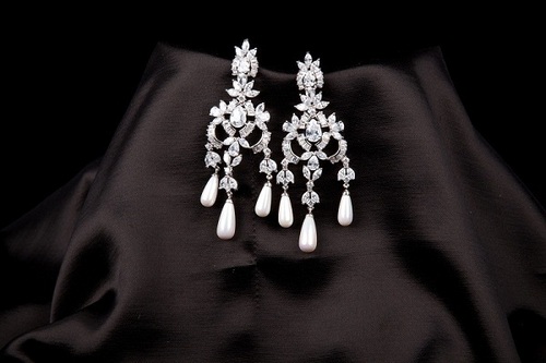 Shimmer Teardrops Simulated Diamond Dangle Earrings - Metal 70mm Silver, Cubic Zirconia Pave, Pearl Accents