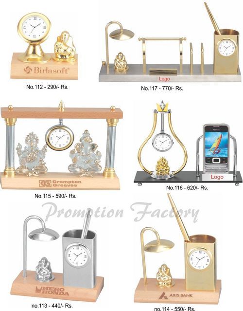 Desktop Gift Set - Glass and Metal, Engraved Design with Ganesha or Laxmi Ji | Includes Fancy Clock, Elegant Pen, Mobile Stand, and Visiting Card Holder in a Hard Box