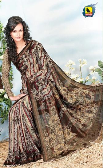 Deep Brown And Cream Georgette Saree