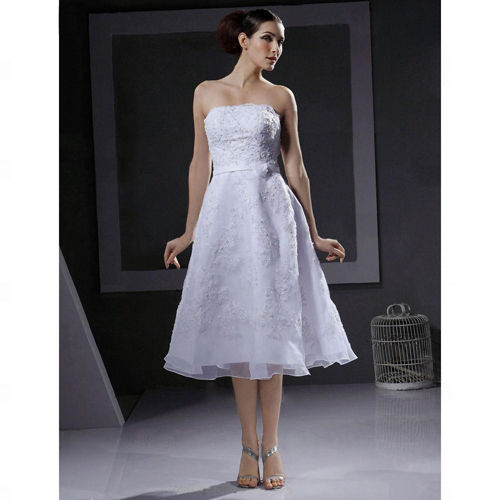 A-line Strapless Tea-length Wedding Dress with Beaded Appliques (HSX1200)