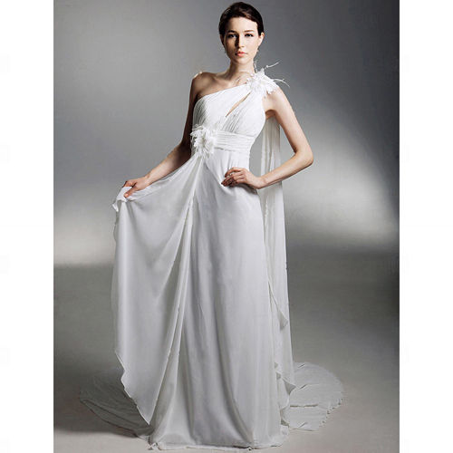 Sheath/ Column One Shoulder Court Train Chiffon Over Satin Wedding Dress With 3d Flowers (Wsm04238)