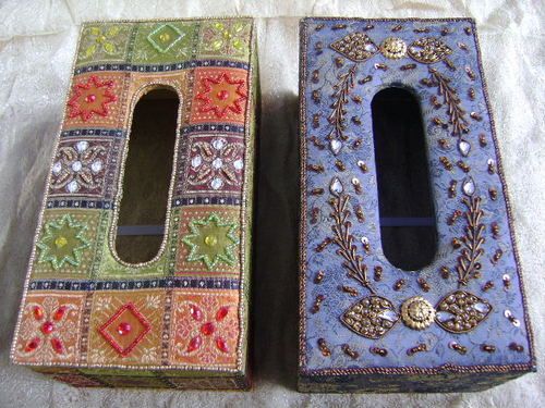 Hand Embroidered Tissue Box Holder - Jacquard Fabric, 10x5x3.5 Inch Size, Elegant Design with Felt Bottom