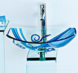 Tinted Glass Bowls - Clear and Fused Colored Glass, Elegant Bathroom Designer Set with Complementary Mirror