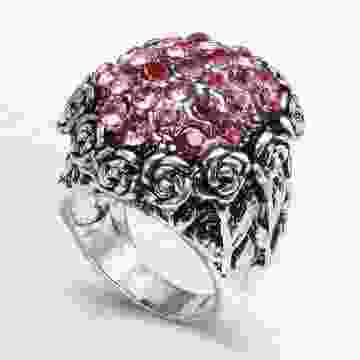 Fashion Vintage Flower Sculpture Rose Crystal Domed Ring-J0364y Jewelry