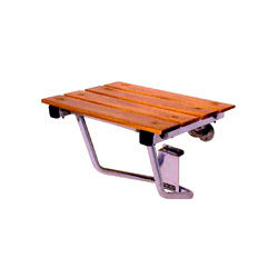 Folding Shower Seat - Chrome Plated Cast Aluminum Frame, Glossy Teak Wood Planks, Space-saving Design