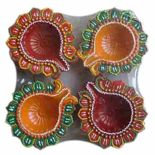 Decorative Diyas - Superior Grade Clay Material, Elegant Design With Mirrors And Beads | High Visual Appeal, Uplifting Festival Mood, Traditional Touch