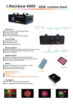 Rainbow RGB Cartoon Laser Stage Lights With ILDA DB25 Interface 