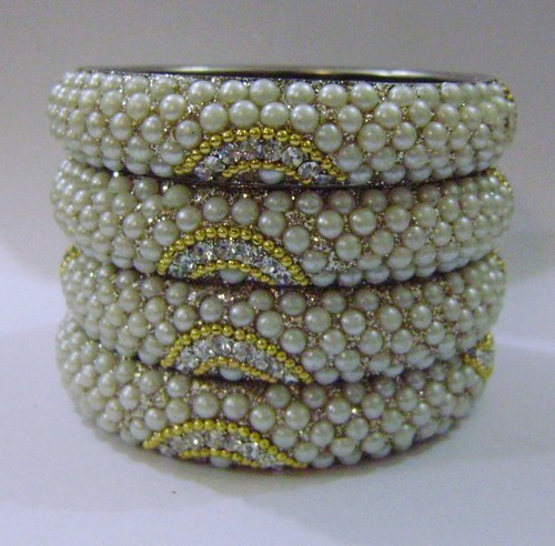 Elegant Rhinestone Bangles - Metal, Pearls, Rhinestones, 2.5 Inch Diameter, Off-white | Glossy Finish, Durable, Stylish Fashion Accessory