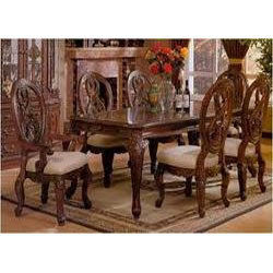 Wooden Carved Dining Table - Teak Wood, Velvet Cushioned Chairs, Glossy Glass Top | Superior Quality, Aesthetic Appeal