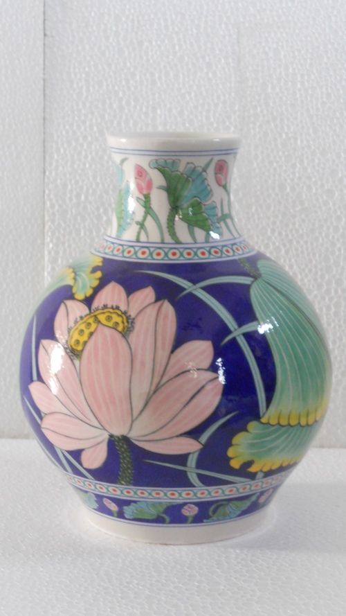 Blue Pottery Flower Vase - 15x7x11.5 inches | Hand Painted, Fine Glaze Finish, Elegant Decorative Accent