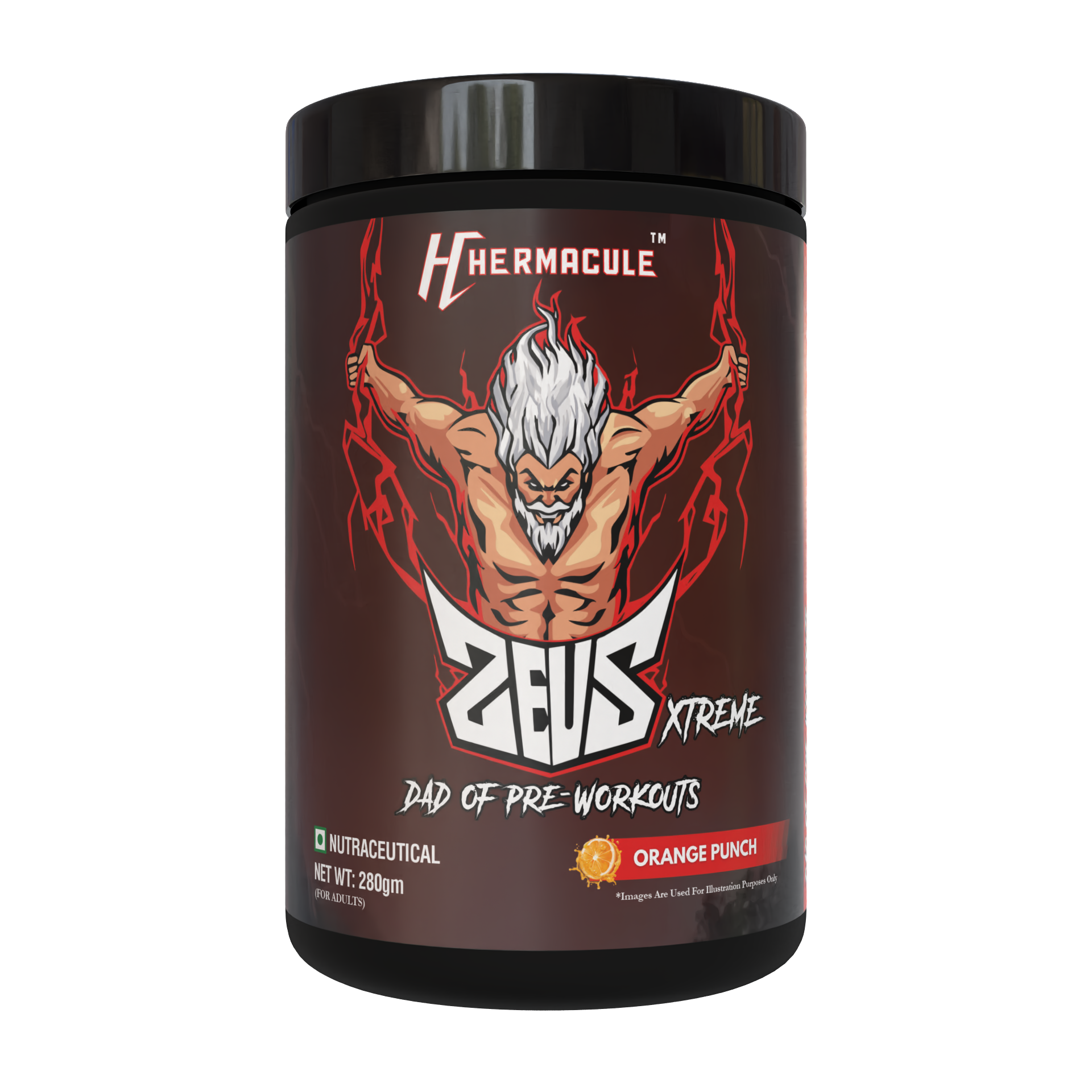 Hermacule Zeus Xtreme Pre-workout - Orange Flavor | 280 gm | 40 Servings | 19 Potent Ingredients