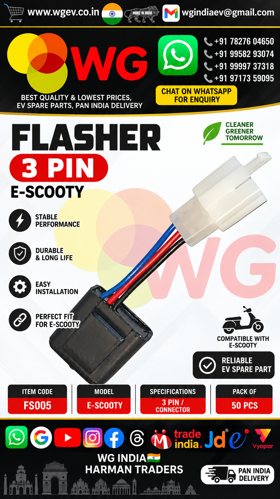 E-Scooty 3 Pin Flasher - Color: Black & White