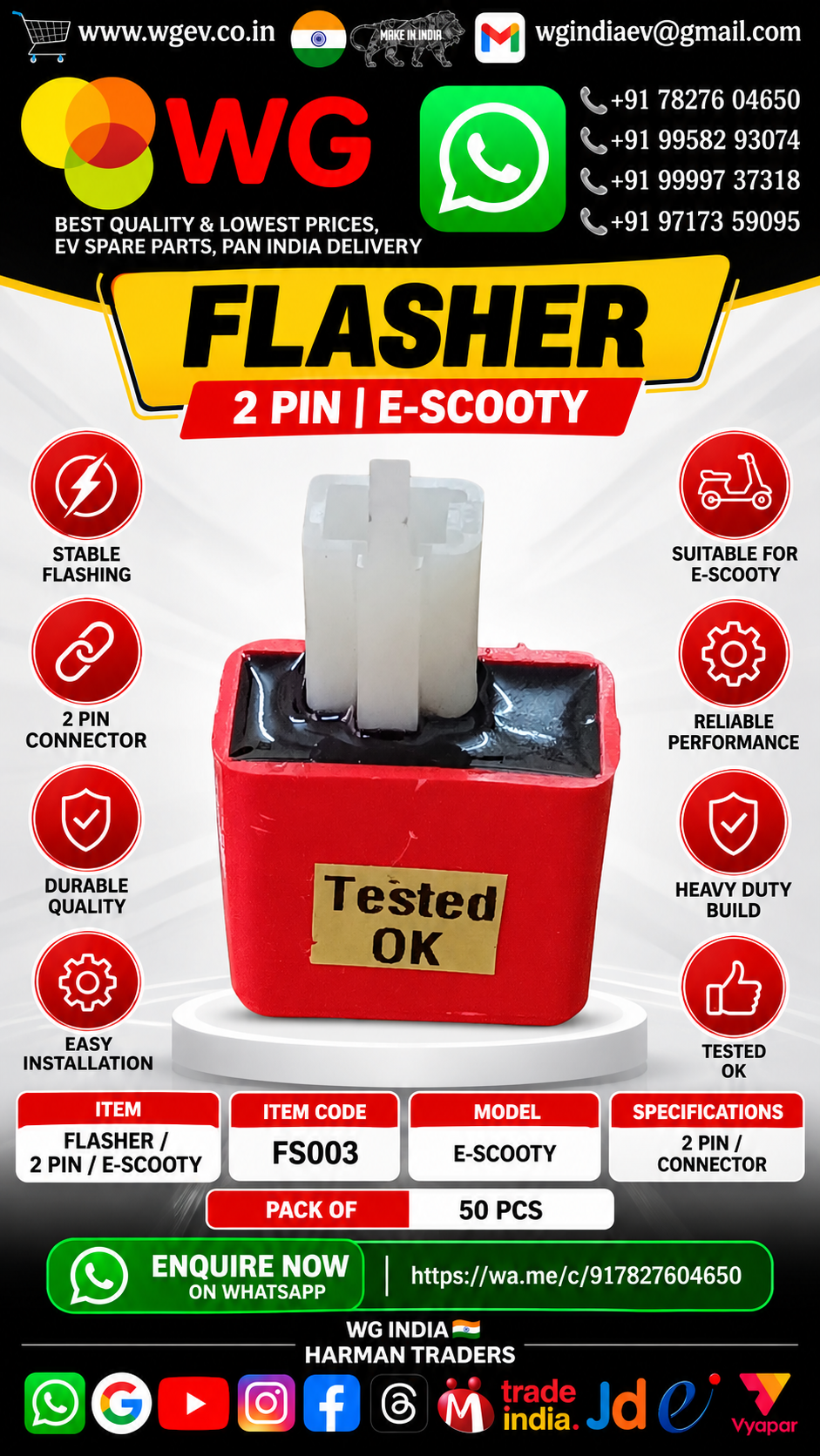 E-Scooty Red 2 Pin Flasher - For Use In: E Scooty