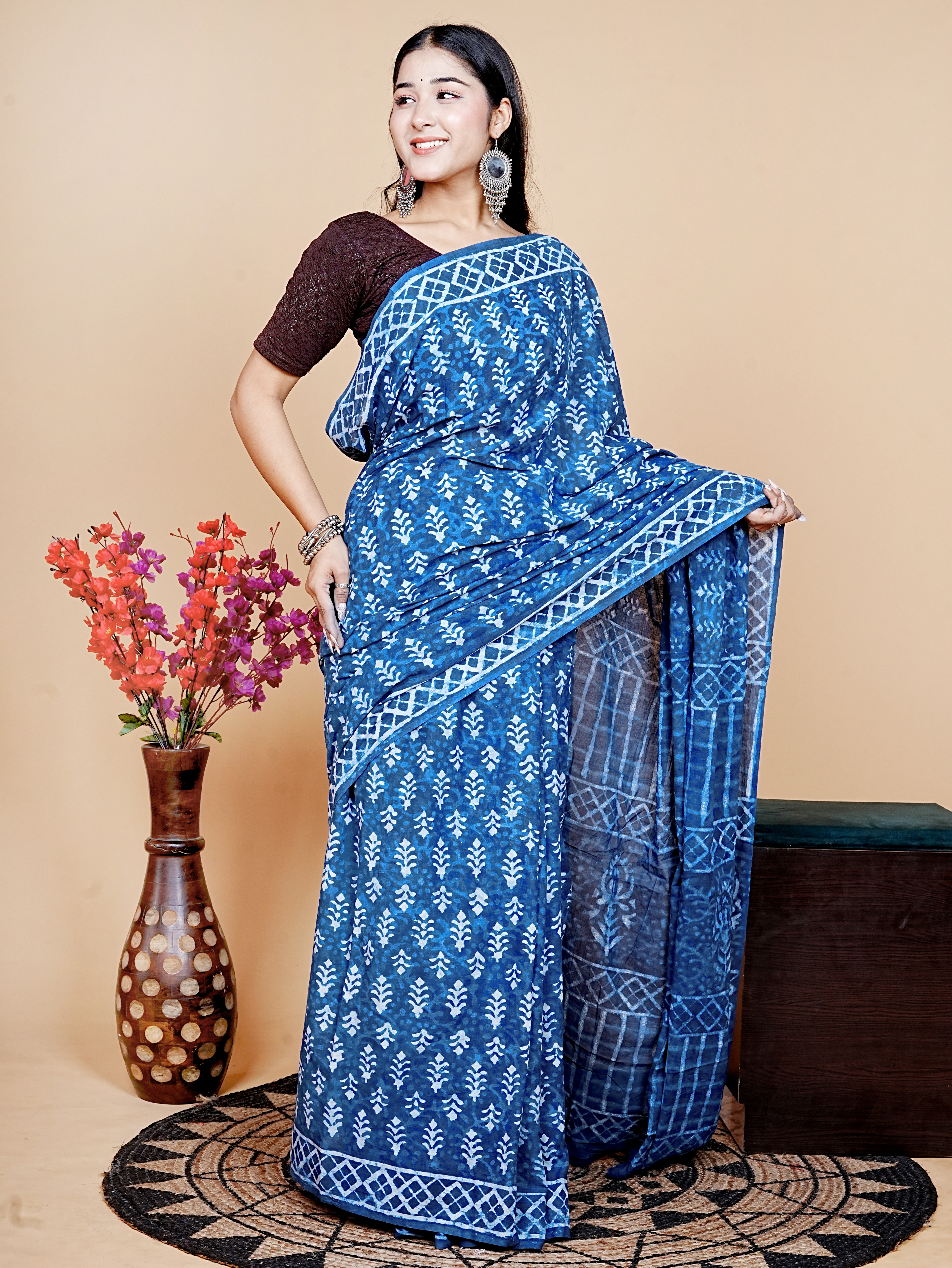 Indigo Handblock Printed Cotton Saree