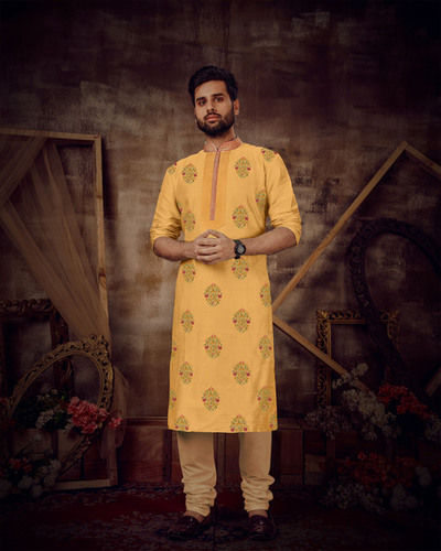 Full Sleeves Embroidered Golden Mens Kurta