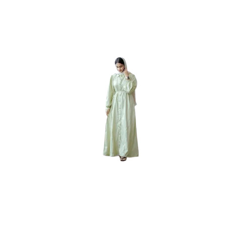 Yezwe Pista Green Textured Heavy Jacquard Front Open Maxi Dress - Pattern: Plain
