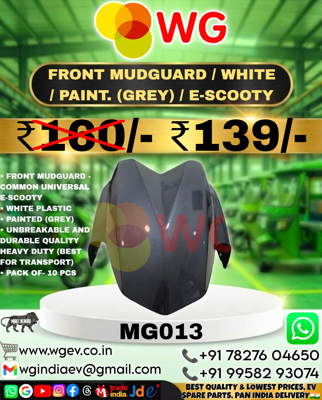 White Grey Paint E-Scooter Front Mudguard - Color: Gray