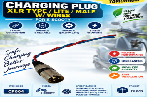 Charging Plug / XLR Type / Lite / Male / W/Wires / E-Scooty - Metal, Silver, 3 Pin Male XLR Charging Plug, Electric Scooter