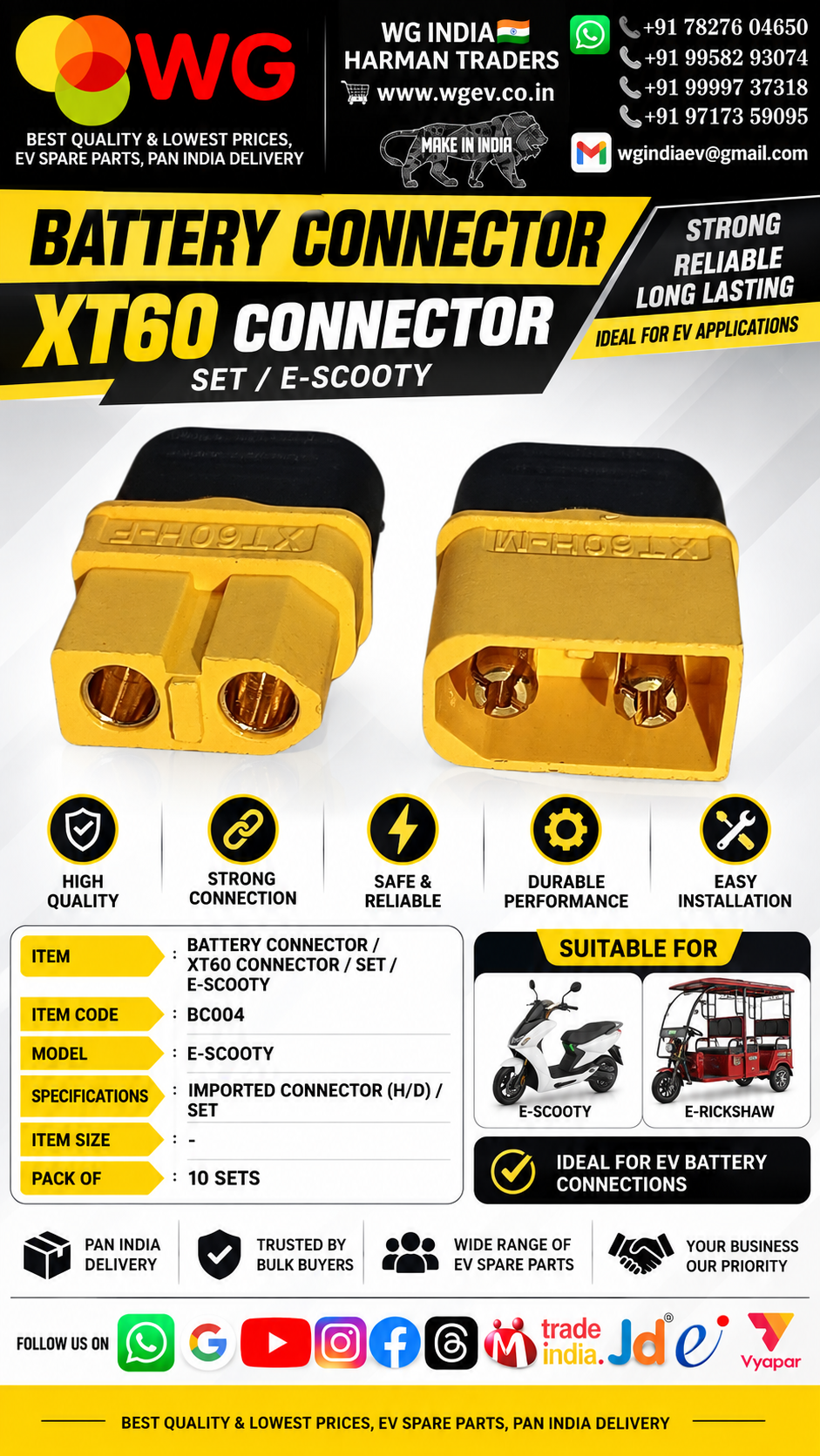 E-Scooty Battery Connector Xt60 Connector Set - Material: Plastic