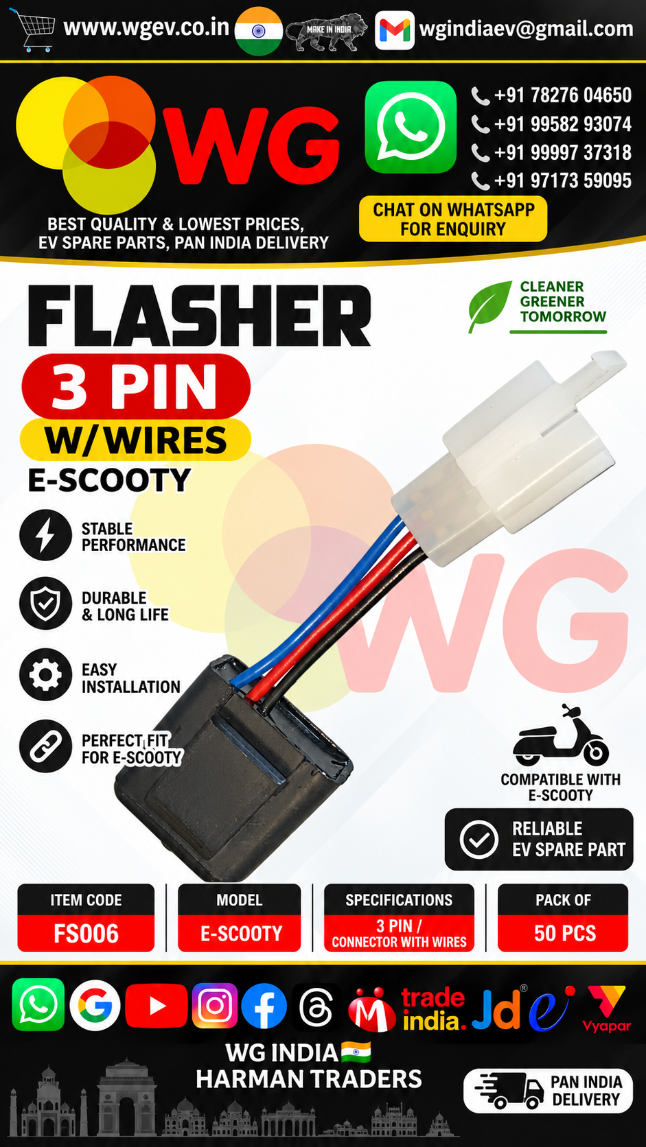 E-Scooty 3 Pin W/Wires Flasher - Color: Black & White