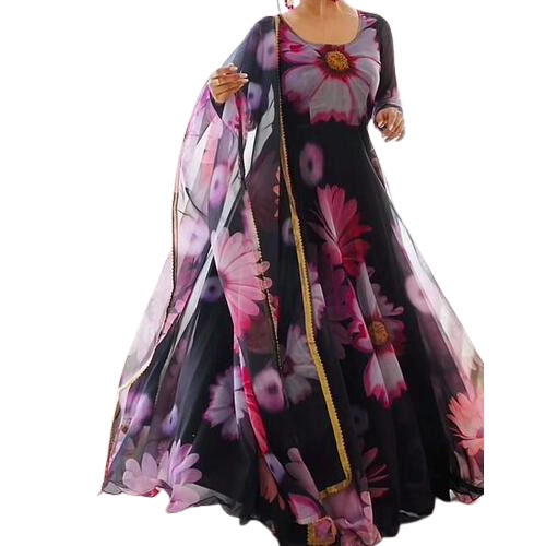 Ladies Party Wear Look Faux Floor Length Organza Gown With Dupatta