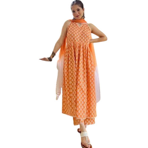 Ladies Multicolor Sleeveless Knee Length Printed Anarkali Kurta Set