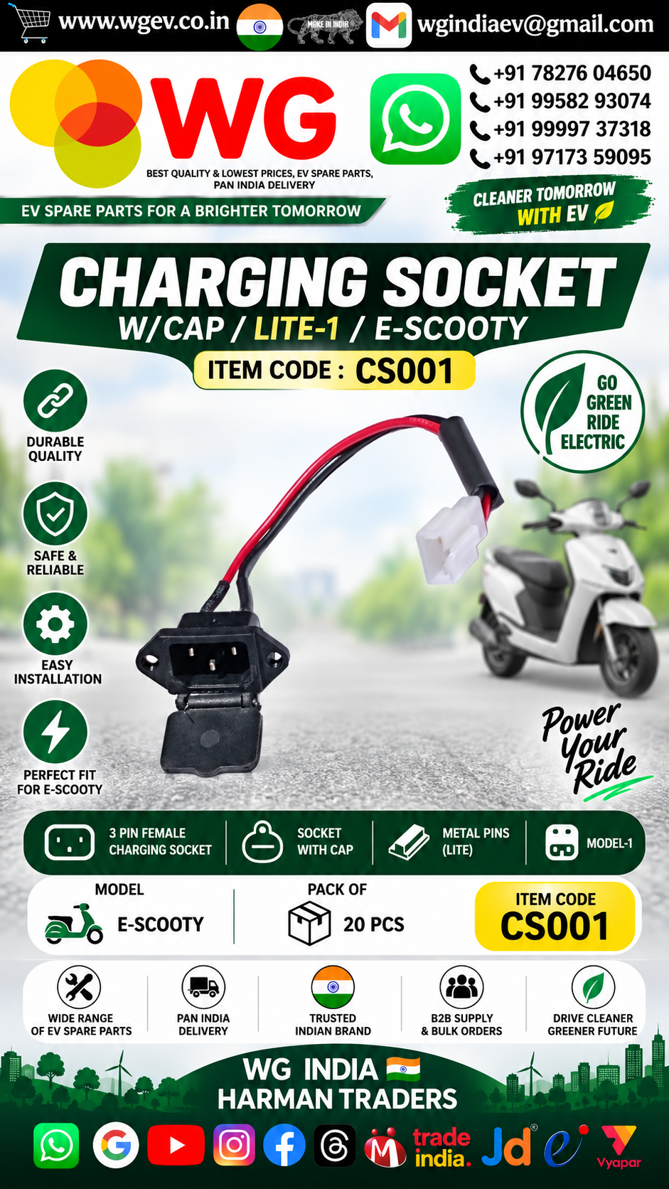 W/Cap Lite-1 E-Scooty Charging Socket - 50 Hz Single Phase, Weather-Resistant Durable Build