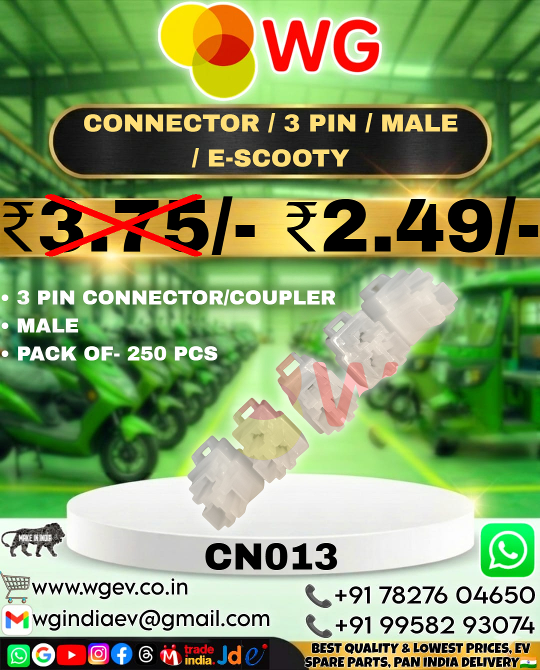 White Connector / 3 Pin / Male / E-Scooty - Plastic, White, 3 Pin Connector | Durable Electrical Use