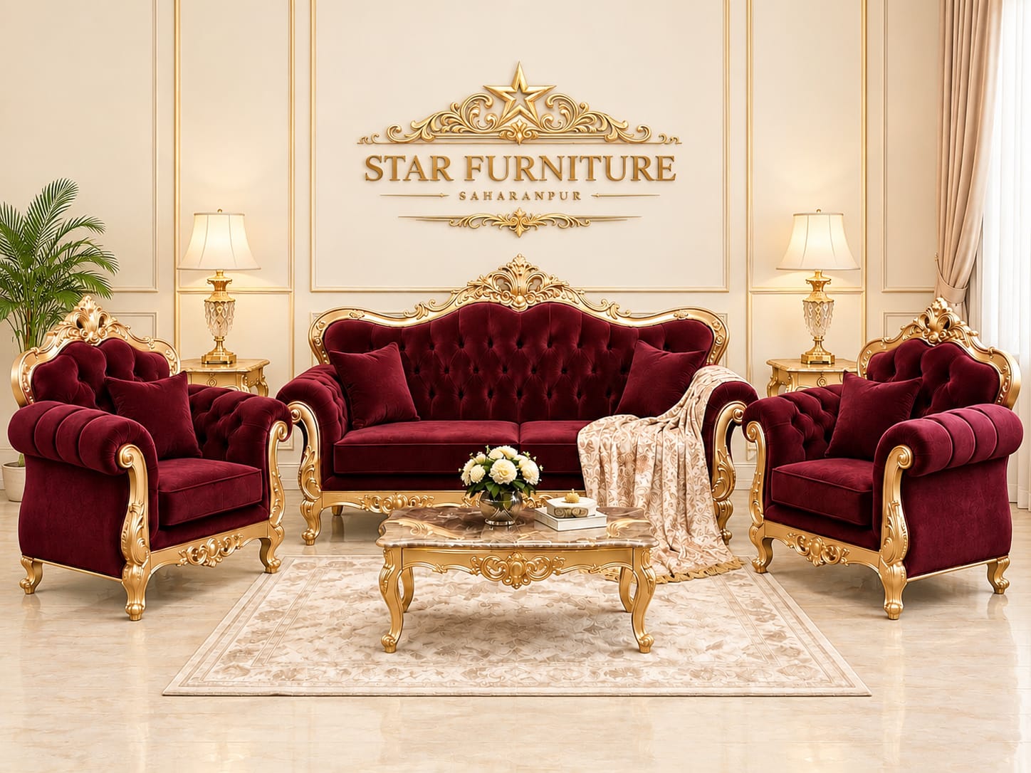 5 Seater Maroon Teak Wood Sofa Set - Assembly: No Assembly Required