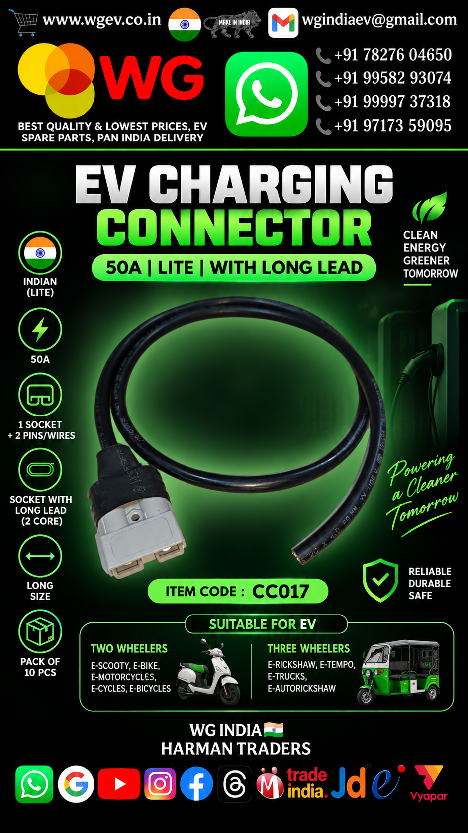 Charging Connector / 50A / Lite / W/Long Lead / EV - PVC Material, 50 Amp, 1 Socket + 2 Pins, Extended Reach, Lightweight Design