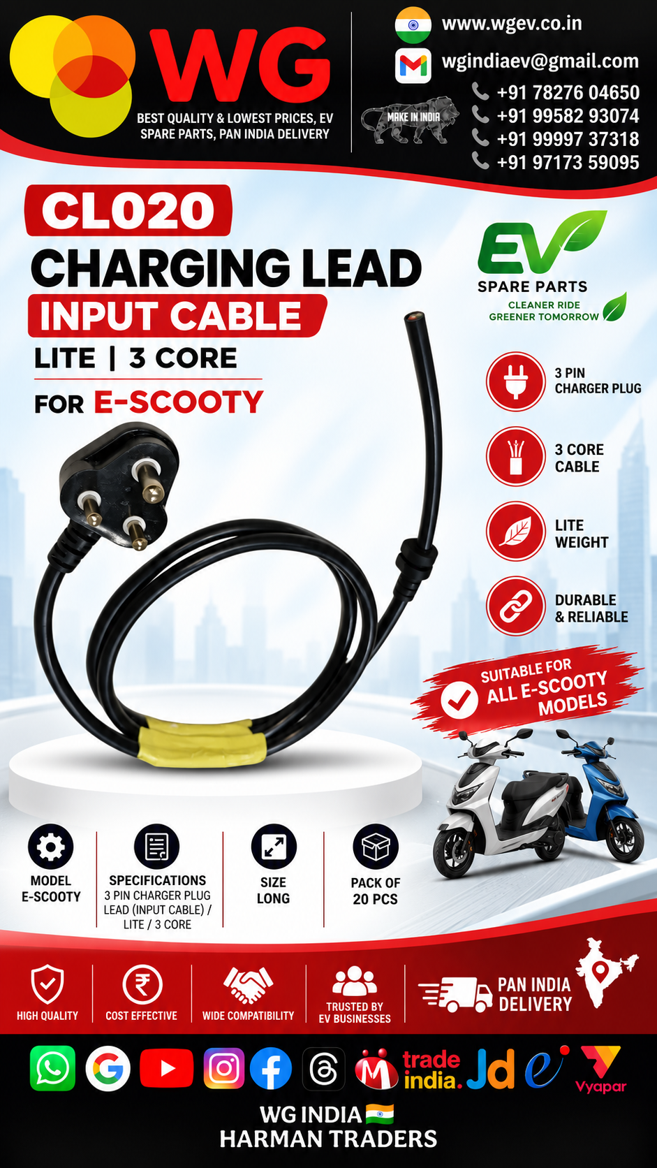 Charging Lead / Input Cable / Lite / 3 Core / E-Scooty - Plastic Body, Black, Durable 3 Pin Charger Plug Lead | E-Scooty Charging Cable, Pack of 20