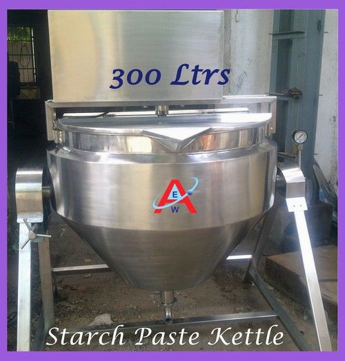 Starch Paste Kettle - S.S. 304 Hemispherical Design, 2.5 mm Thickness, Insulated with 50 mm Glass Wool, Includes Temperature Controller & Worm Tilting Mechanism