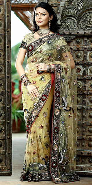 Dazzling Work Golden Beige Saree